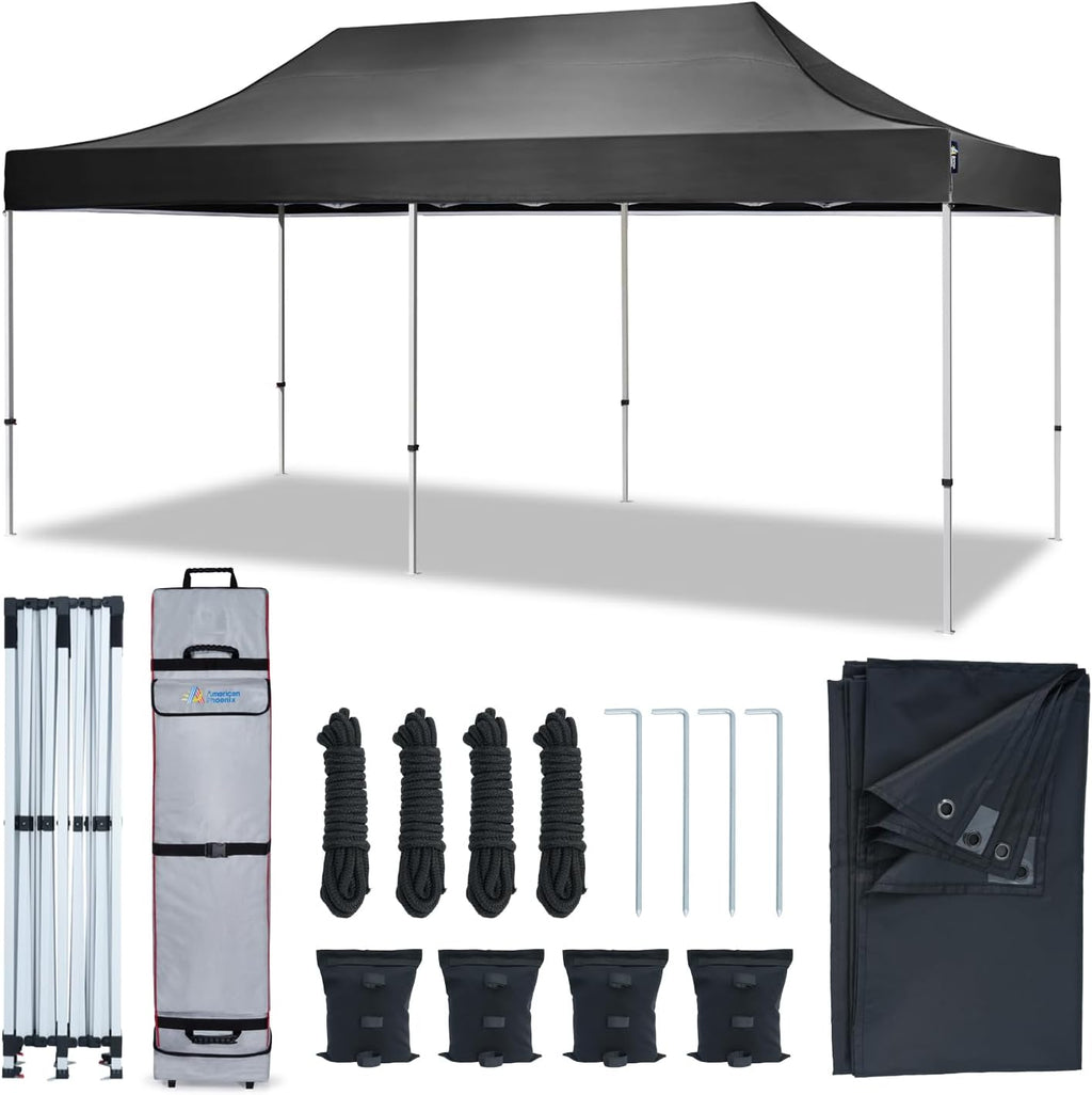 AMERICAN PHOENIX Canopy Tent 10x20 Pop Up Portable Instant Commercial Heavy Duty Outdoor Market Shelter Event Tent (Black w/Roller Bag)