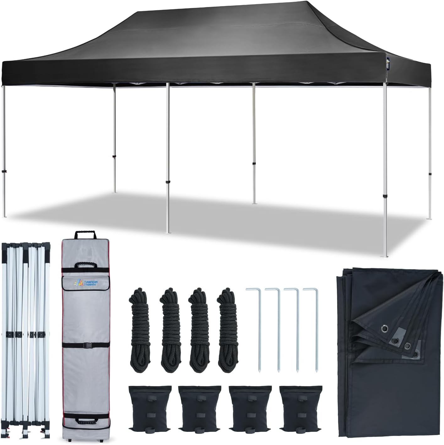 AMERICAN PHOENIX Canopy Tent 10x20 Pop Up Portable Instant Commercial Heavy Duty Outdoor Market Shelter Event Tent (Black w/Roller Bag)