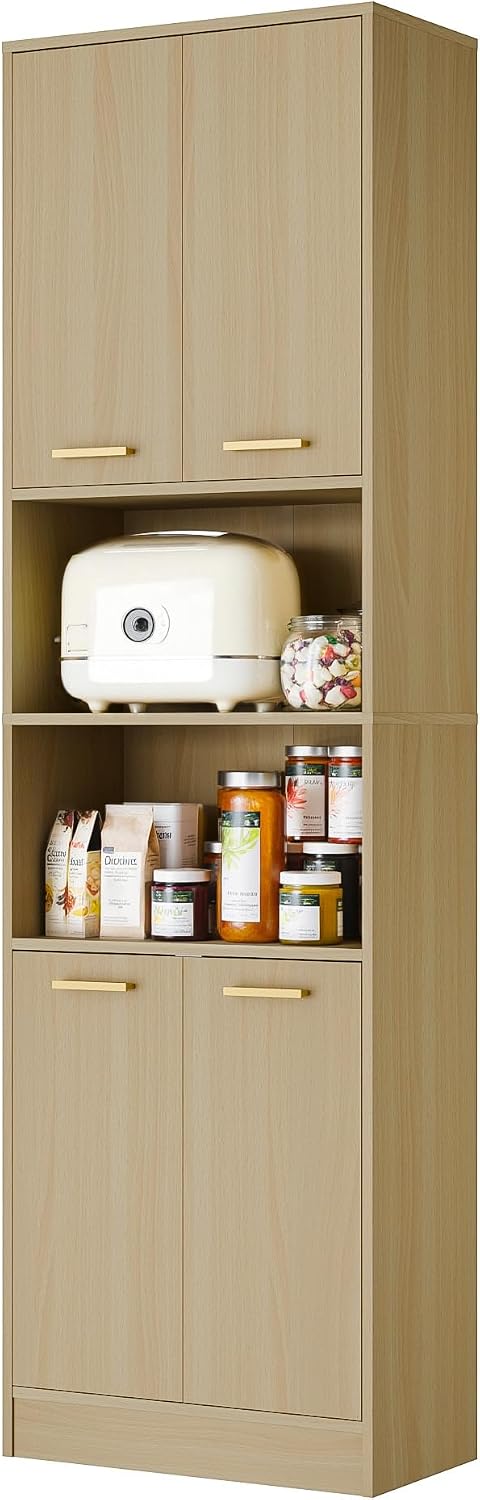 Cozy Castle Kitchen Pantry Cabinet, 75' Tall Wood Storage Cabinet with Doors and Shelves, 4 Doors Open Countertop Utility Hutch Cupboard for Dining Room Living Room Bathroom Furniture, Oak