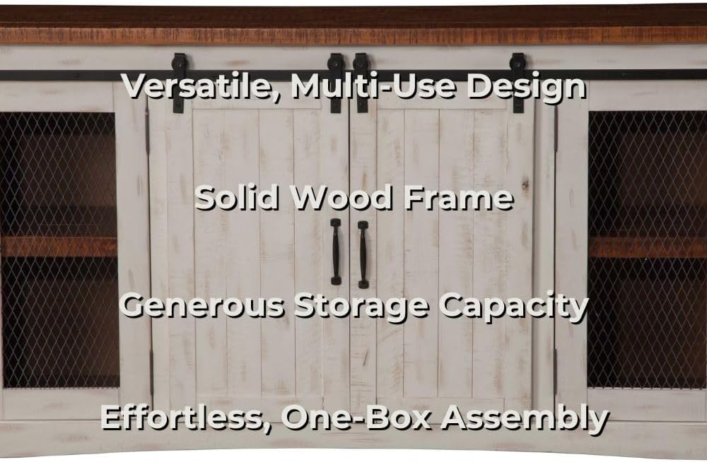 Martin Svensson Home 65' Solid Pine Wood Entertainment Center with Storage. Rustic TV Stand for TVs up to 70.' Sliding Doors, Adjustable Shelves & Cable Management – White and Honey Finish