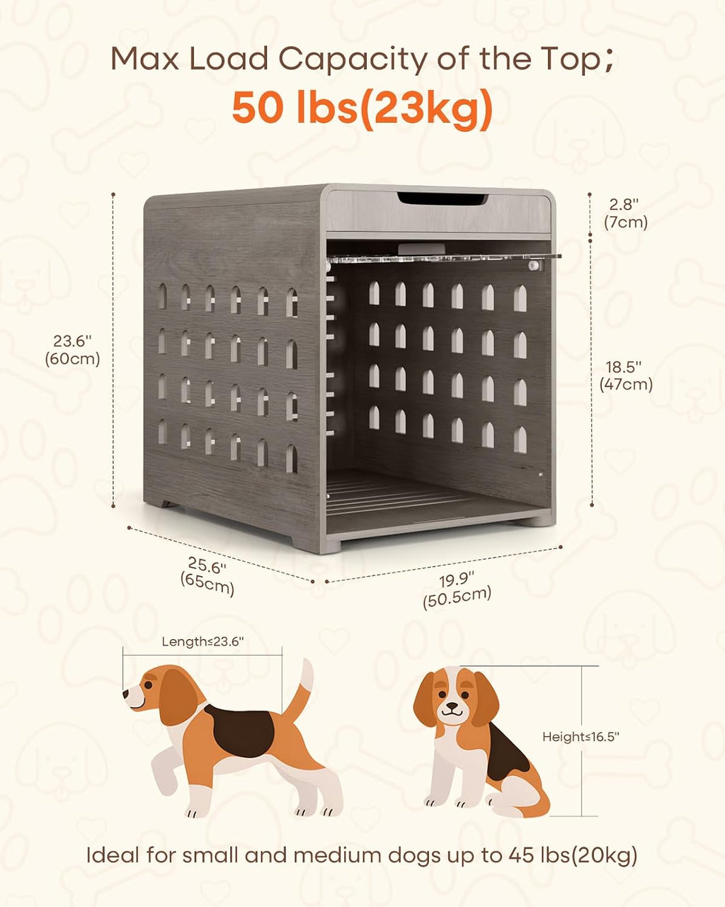 Modern Dog Crate Furniture with Charging Station Medium Kennel Indoor with Flip-up Hidden Acrylic Door for Small and Medium Breeds up to 50lb Wood Pet End Side Table Cage, Grey