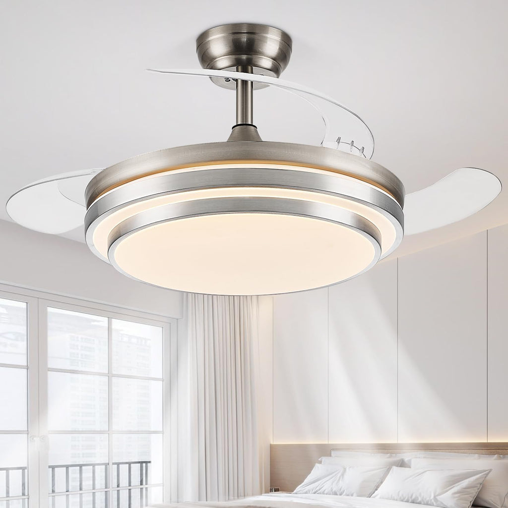 FIDGRA 48 Inch Fandelier Ceiling Fan with Light, Retractable Ceiling Fan with Lights for Bedroom Living Room Dinning Room, Chandelier with Fan 6 Speed, 3 Color Temperature-Brushed Nickel