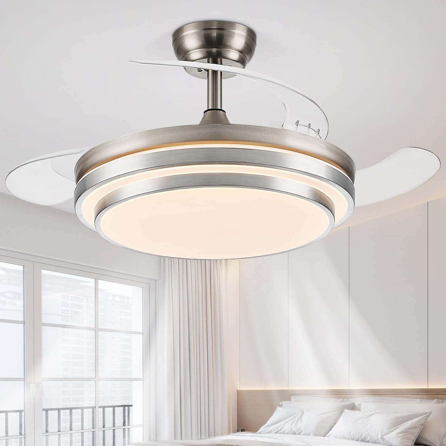 FIDGRA 48 Inch Fandelier Ceiling Fan with Light, Retractable Ceiling Fan with Lights for Bedroom Living Room Dinning Room, Chandelier with Fan 6 Speed, 3 Color Temperature-Brushed Nickel