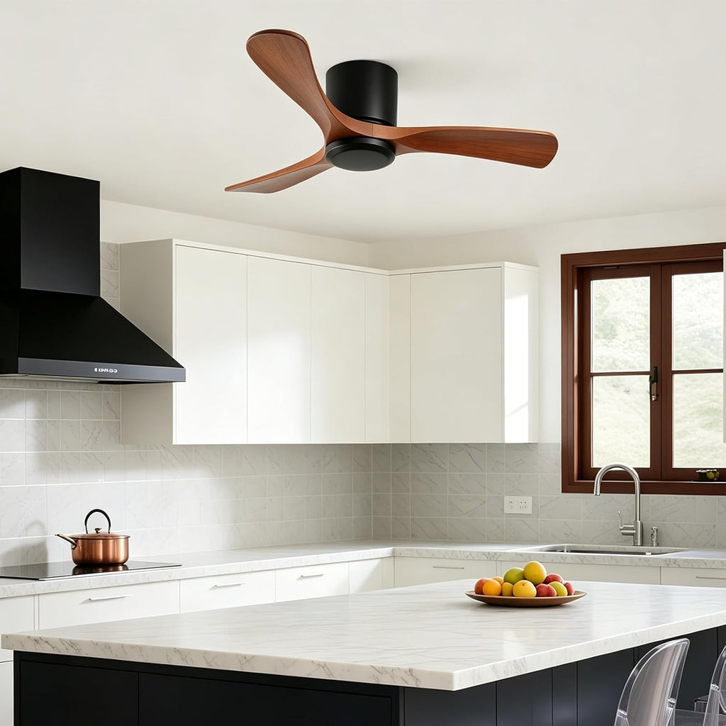 GESUM 42 Inch Wood Ceiling Fan without Light | Flush Mount, Remote Control, 3 Blade 6-Speed Reversible DC Motor, Noiseless Timer, For Bedroom Living Room Patio Porch