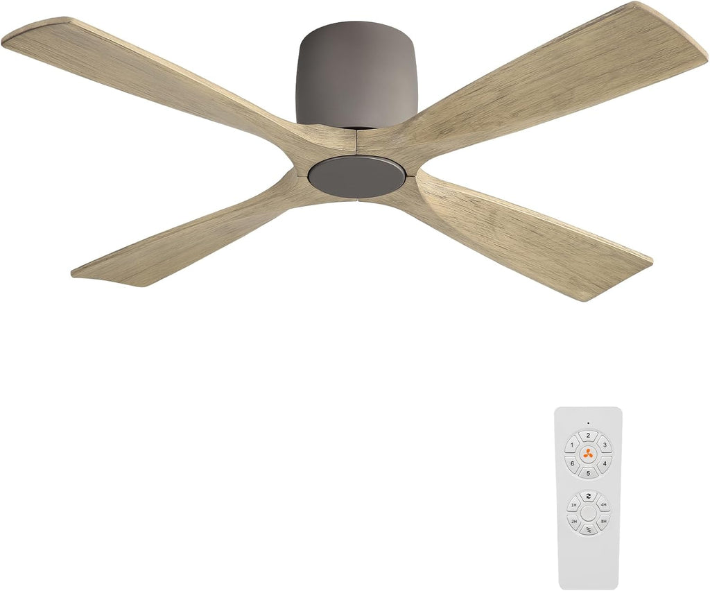 WINGBO 48 Inch Ceiling Fan Without Light, Solid Wood Flush Mount Ceiling Fan with Remote Control, Reversible Quiet DC Motor, 4 Blades,6-Speed, for Bedroom & Living Room, Graphite Finish +Gray Blade