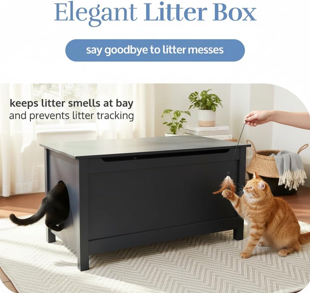 Parker Designer Catbox Modern Wood Cat Litter Box Enclosure Pet Furniture, Elegant, Odor Contained for Large Cats, Charcoal