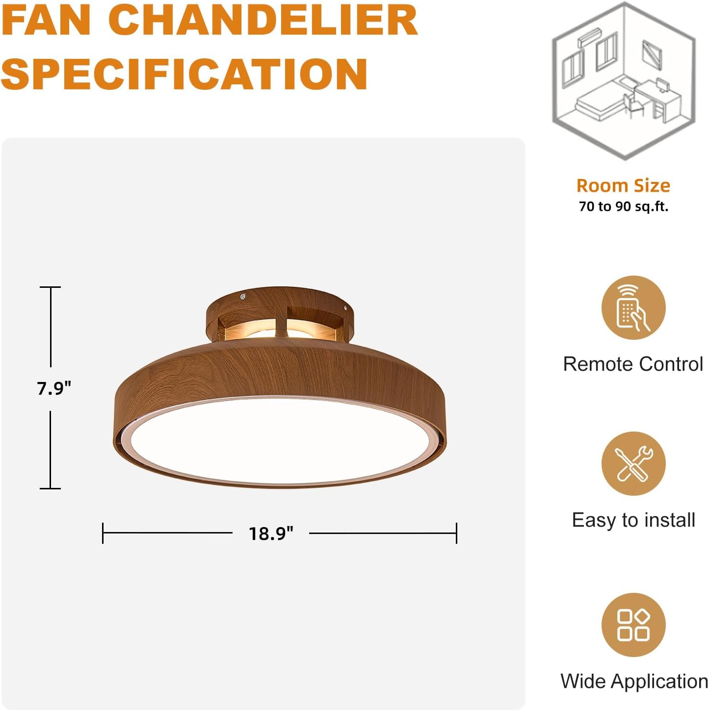 Bladeless Ceiling Fans with Lights and Remote, 18.9' Farmhouse Embedded Ceiling Fan Light, Flush Mount Dimmable LED Chanelier Fan for Bedroom,Walnut Color