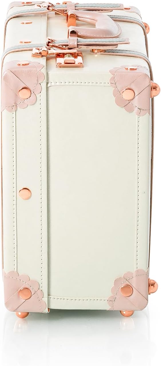 COTRUNKAGE 18' Carry On Suitcase Cute Pu Overnight Vintage Trunk Luggage Bag for Women with Combination Locks, Cream White