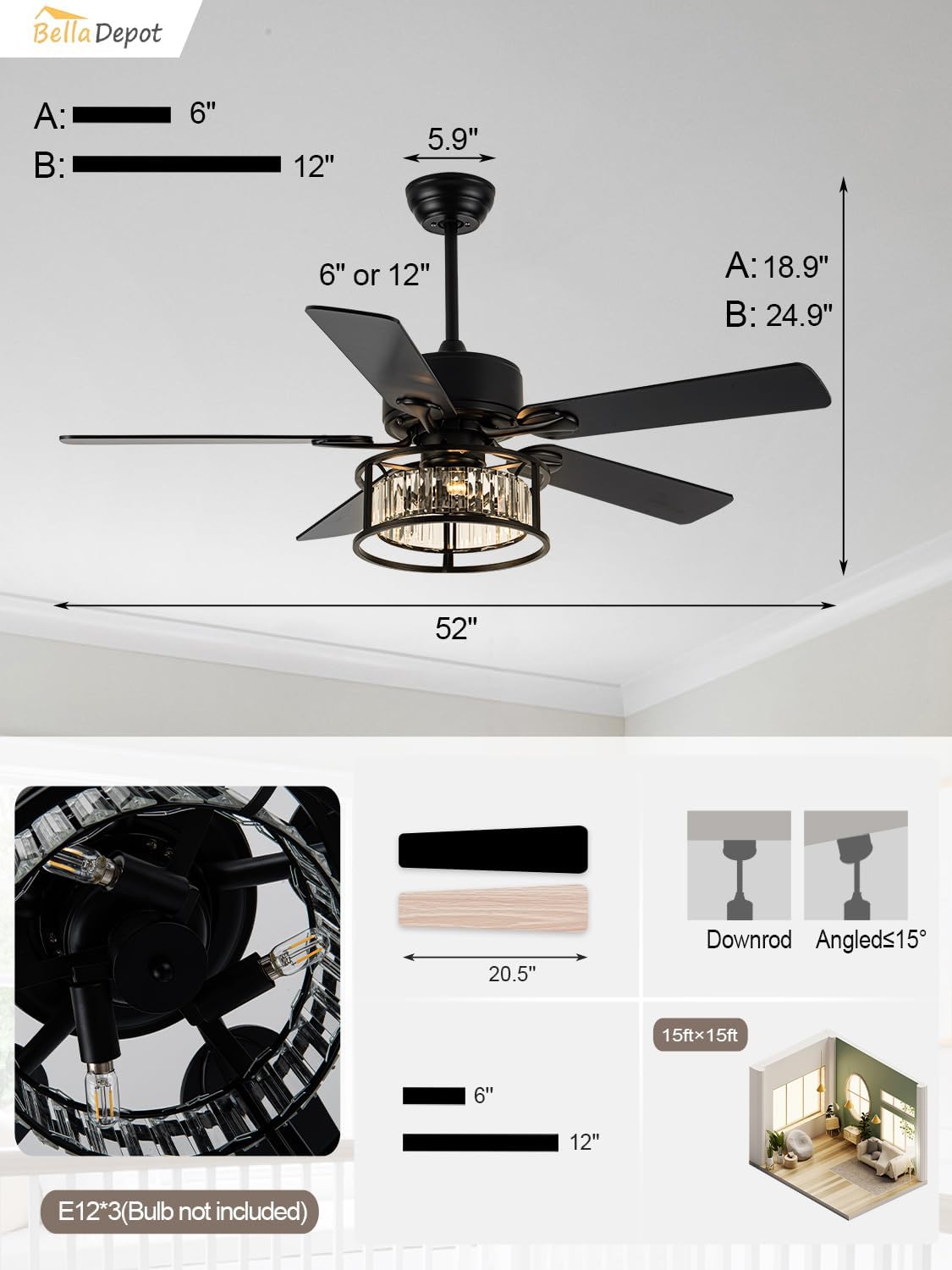 Bella Depot 52' Black Crystal Ceiling Fan with Remote, Caged Chandelier Fan with Light (No Bulbs Included), Quiet DC Motor for Dining Living Room Bedroom (Classic Black)