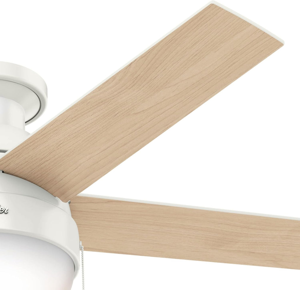 Hunter 46 inch Indoor Ceiling Fan with LED Light - White Ceiling Fan with Pull Chain, For Bedroom, Living Room, or Kitchen, Low Profile Mount, No Remote, 5 Blades - Anslee 59269, Fresh White