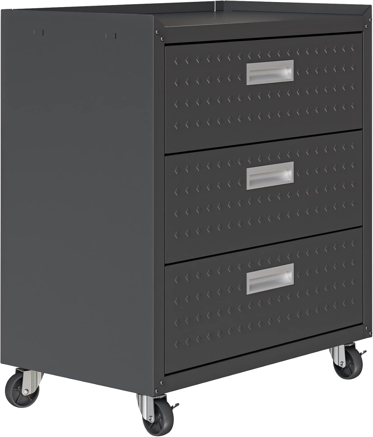 Manhattan Comfort Fortress 31.5-Inch Rolling Garage Tool Chest, 3-Drawer Lockable Mobile Storage Cabinet, Diamond-Textured Steel Utility Organizer with Wheels for Basement, Workshop in Charcoal Grey