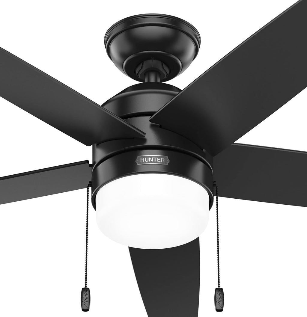 Hunter Fan 52 Inch Matte Black Indoor Ceiling Fan with Light and Pull Chain for Bedroom, Kitchen, Living Room (Renewed)