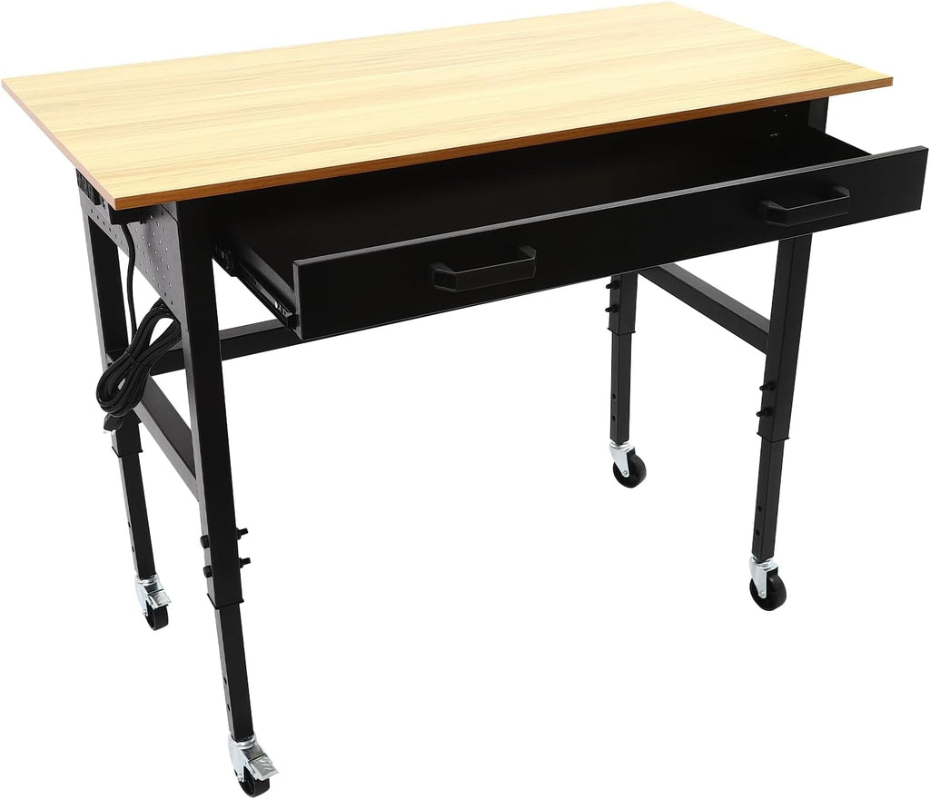 Adjustable Workbench with Power Outlets, 47' L X 24' W Hardwood Workbench Wood Work Station with Universal Wheels, Heavy-Duty Work Benches for Garage Party Shop Office