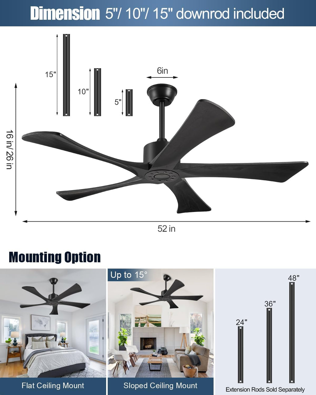 52 Inch Ceiling Fans Without Lights, USA Original Patent Outdoor Ceiling Fan No Light, 5 Wood Blades, ETL Listed, 6 Speeds Quiet DC Motor Modern Fan with Remote for Patios, 52', Matte Black