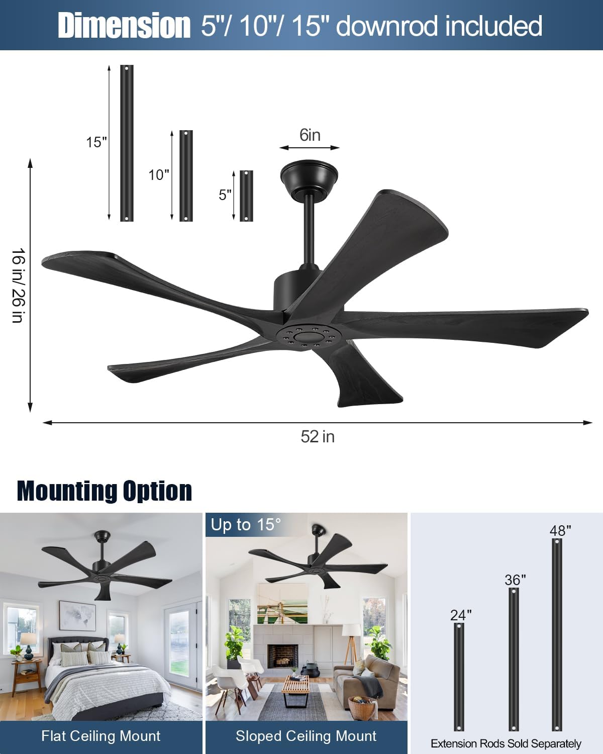 52 Inch Ceiling Fans Without Lights, USA Original Patent Outdoor Ceiling Fan No Light, 5 Wood Blades, ETL Listed, 6 Speeds Quiet DC Motor Modern Fan with Remote for Patios, 52', Matte Black