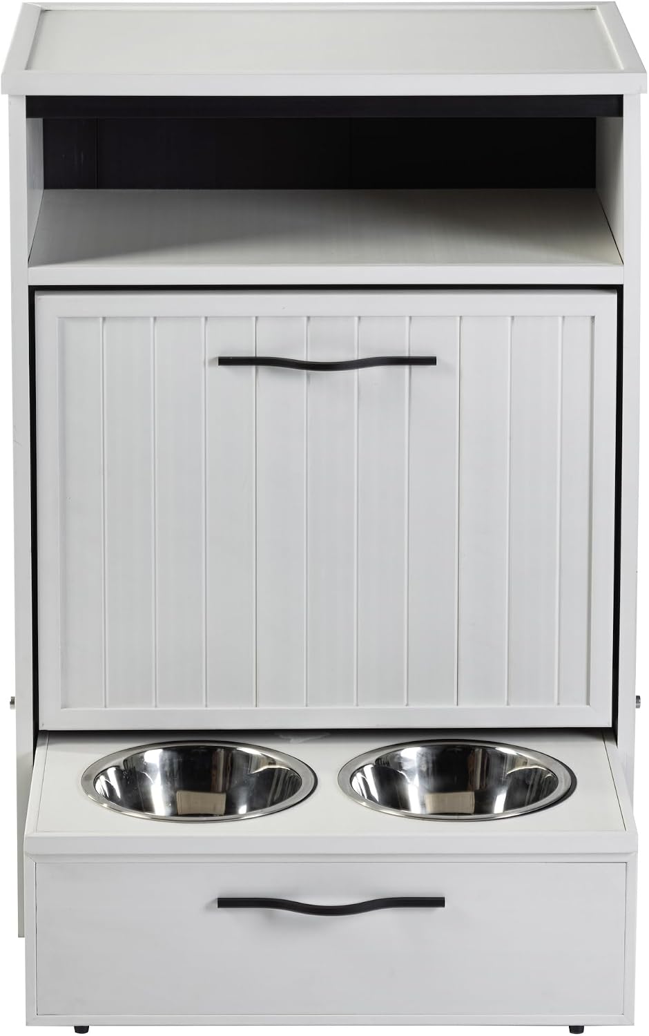 New Age Pet ECOFLEX Brea Dog Food Pantry in Antique White, Two 32 oz Bowls, Moisture Resistant, Easy Assembly, Holds 25 lbs