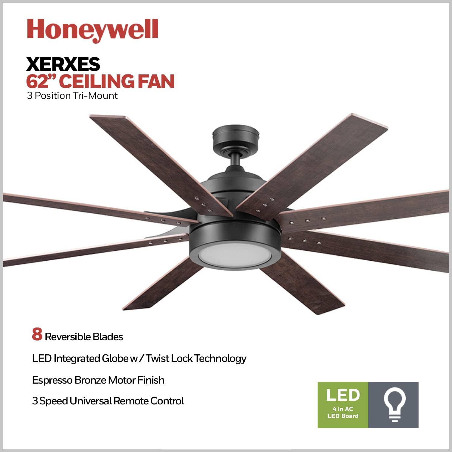 Honeywell Ceiling Fans Xerxes Modern 62 Inch Ceiling Fan with Light, Remote Control Fan, LED Indoor Fan with 8 Blades, Dark Elm and Rough Pine Blade Finish Options, Bronze (50609-01)