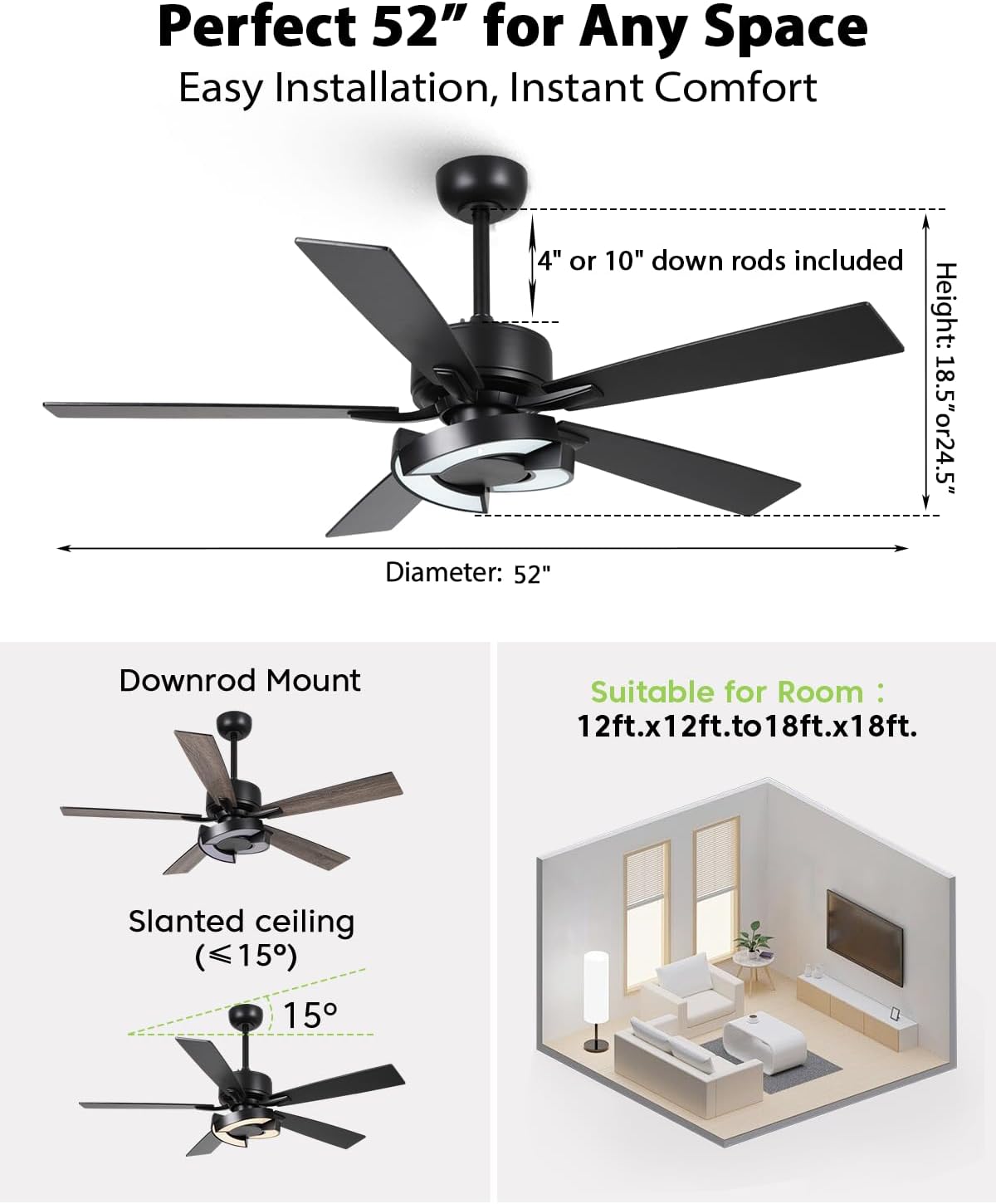 Ceiling Fans with Lights and Remote - Creative Black 52 inch Ceiling Fan with Light, 3CCT, 6 Speeds, Dual-Sided Reversible 5 Blades Indoor Outdoor Modern Chandelier Fan for Bedroom Living Room