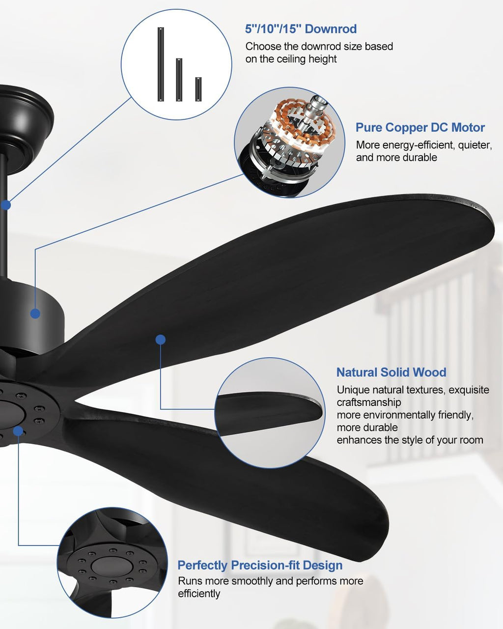 Yahada 52 Inch Ceiling Fan No Light with Remote, USA Original Patent Outdoor Ceiling Fans without Lights, 5 Wood Blades, 3 Downrods, Timer, 6 Speeds ETL DC Motor Ceiling Fans for Patios Bedroom, Black