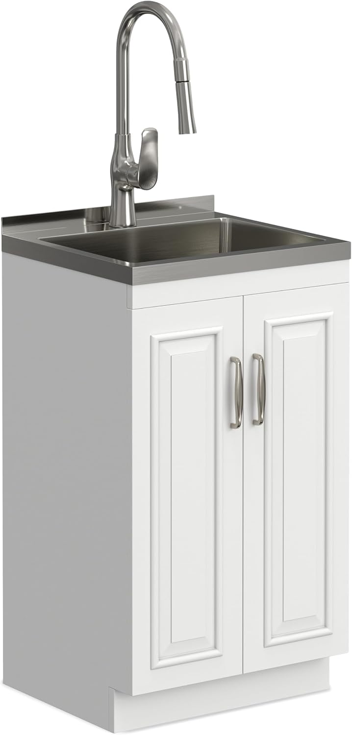 SIMPLIHOME Darwin All-in-One 20 inch Wide Utility Sink and Laundry Cabinet in Pure White Finish, Transitional Stainless Steel Sink Cabinet for Laundry Rooms with High-Arch Chrome Faucet and Storage