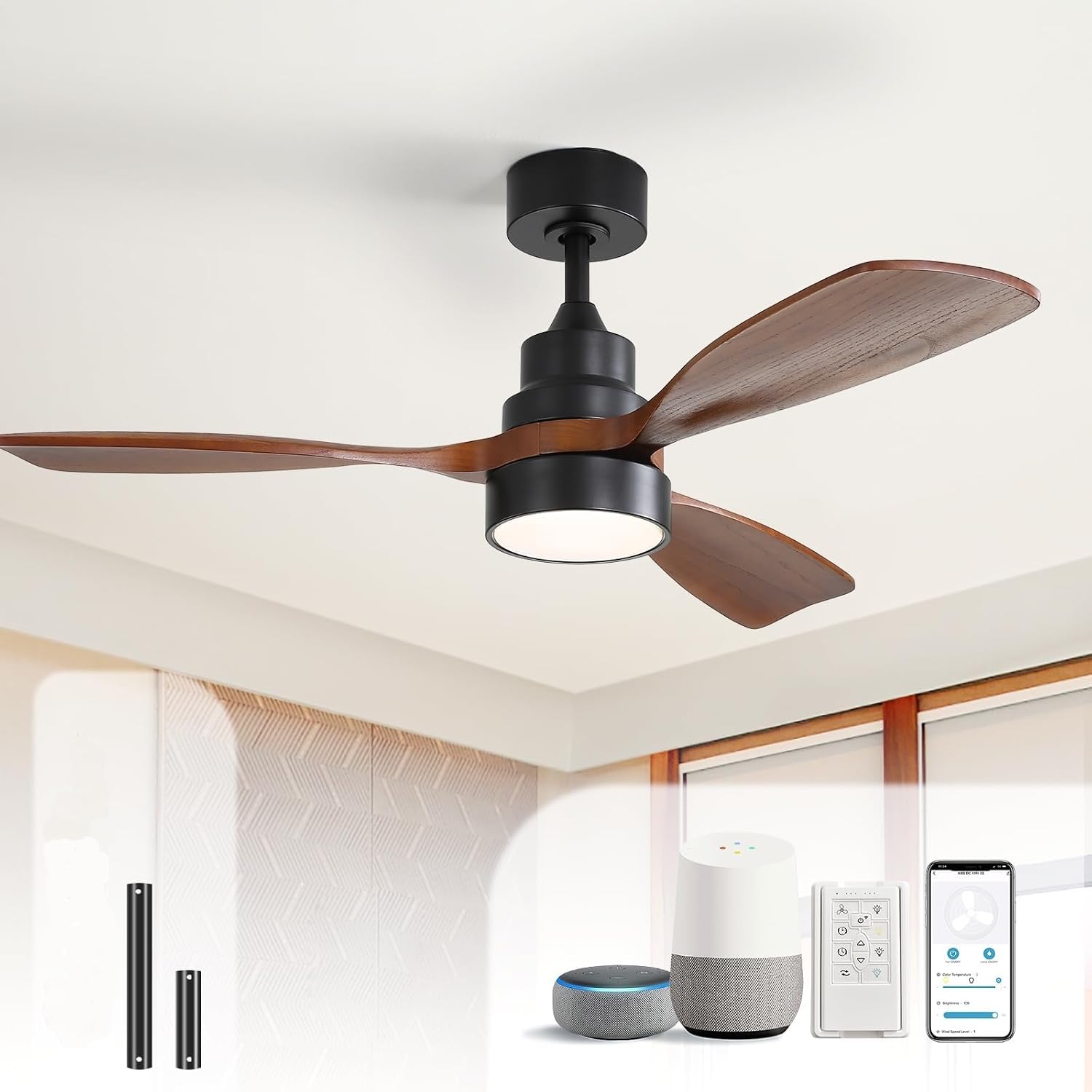 Sofucor 48 Inch Smart Ceiling Fan with Light, Solid Wood Low Profile Ceiling Fans with Lights and Remote, Work with Alexa/Google/App, Quiet DC Motor, 3 Blade Ceiling Fan for Bedroom Living Room Patio