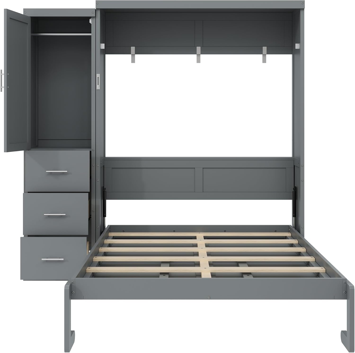 SOFTSEA Full Size Murphy Bed with Wardrobe and Storage Drawers, Farmhouse Wood Hidden Wall Bed Frame, Can be Folded into a Cabinet, No Box Spring Needed, Grey