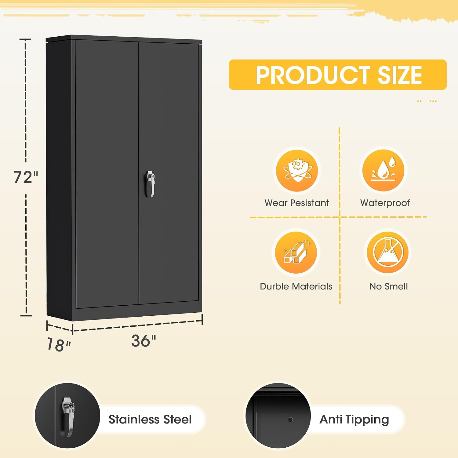 Greenvelly 72' H Metal Storage Cabinet with 2 Doors and 4 Adjustable Shelves, Black Metal Cabinet with Lock,Garage Cabinets Steel Tool Cabinet for Office,Home, Garage, Gym, School