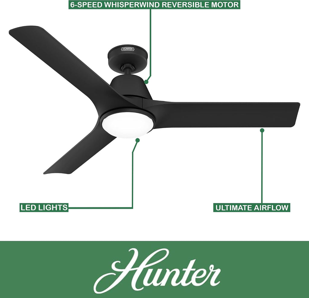 Hunter Fan 52 inch Ceiling Fan with Lights and Remote, Outdoor or Indoor Black Ceiling Fan for Porch, Living Room, Office, Kitchen, Garage (Renewed)