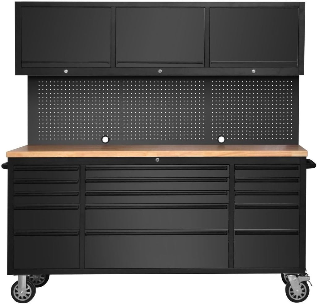 CT Copper Tailor 72-inch Tool Chest Cabinet Rolling Garage Workbench with 15 Storage Drawers and Wheels, 3 Upper Cabinet, Pegboard, Steel Large Tool Box,Matte Black