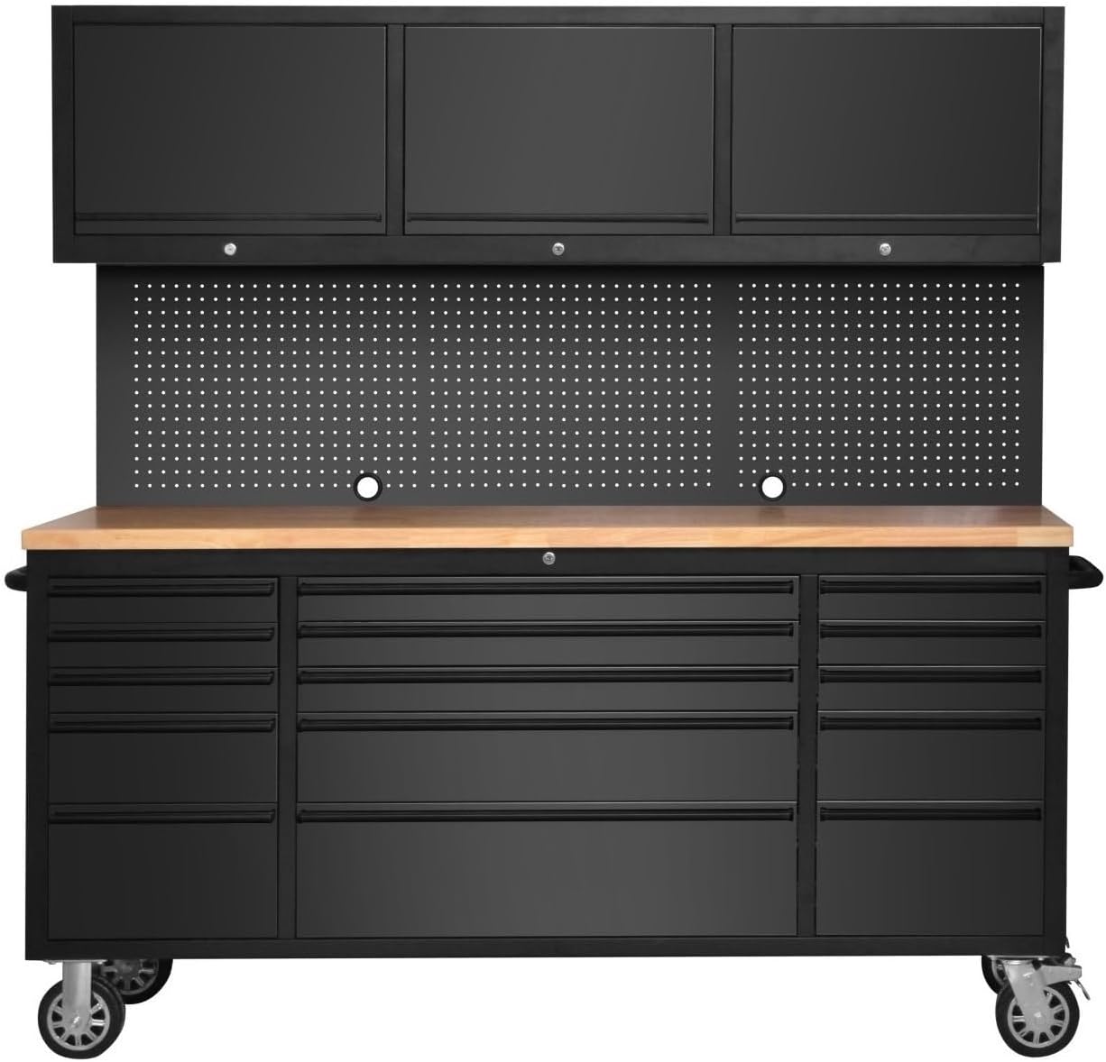 CT Copper Tailor 72-inch Tool Chest Cabinet Rolling Garage Workbench with 15 Storage Drawers and Wheels, 3 Upper Cabinet, Pegboard, Steel Large Tool Box,Matte Black