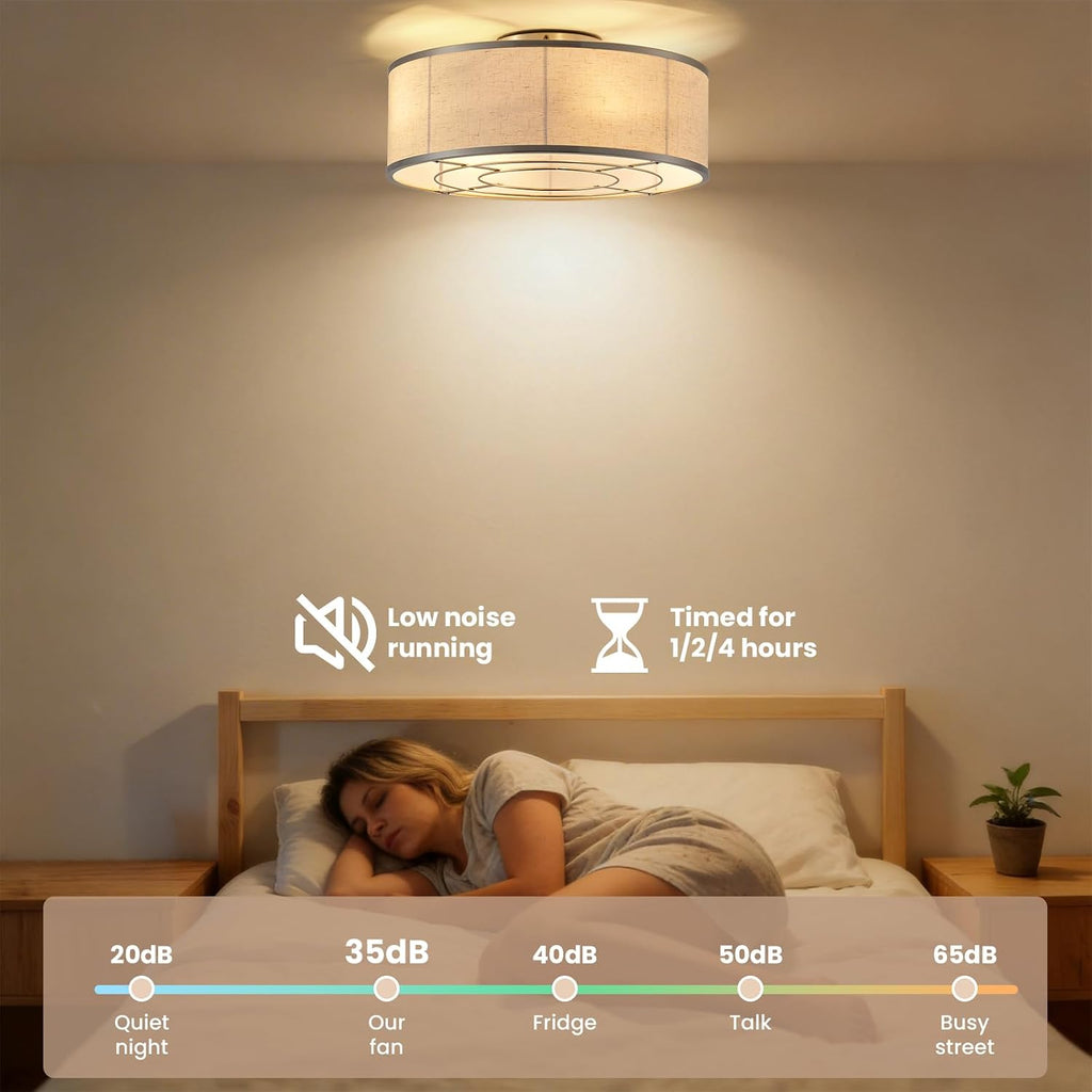 20 Inch Boho Ceiling Fan with Light, Low Profile Flush Mount Caged Ceiling Fan, Bladeless Silver Drum Chandelier with Remote, 6 Speed Reversible DC Motor for Bedroom Living Room, Nursery