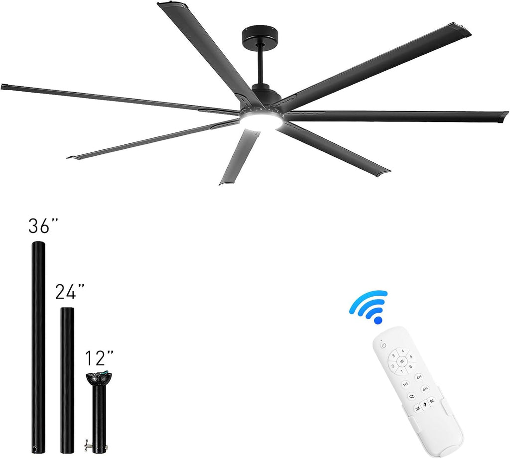 Minislak 96 Inch Industrial Ceiling Fans with Light,Black HVLS Ceiling Fan with 6 Speeds Reversible Motor,High CFM Indoor/Outdoor Ceiling Fan with 7 Aluminum Blades for Barn shop,Commercial