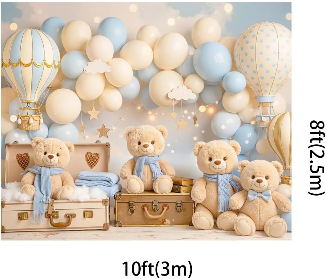 Kate 10x8ft Pastel Baby Shower Backdrop for Photography Teddy Bears Toy Hot Air Balloons Decoration Vintage Style Baby Photo Booth Background Decor