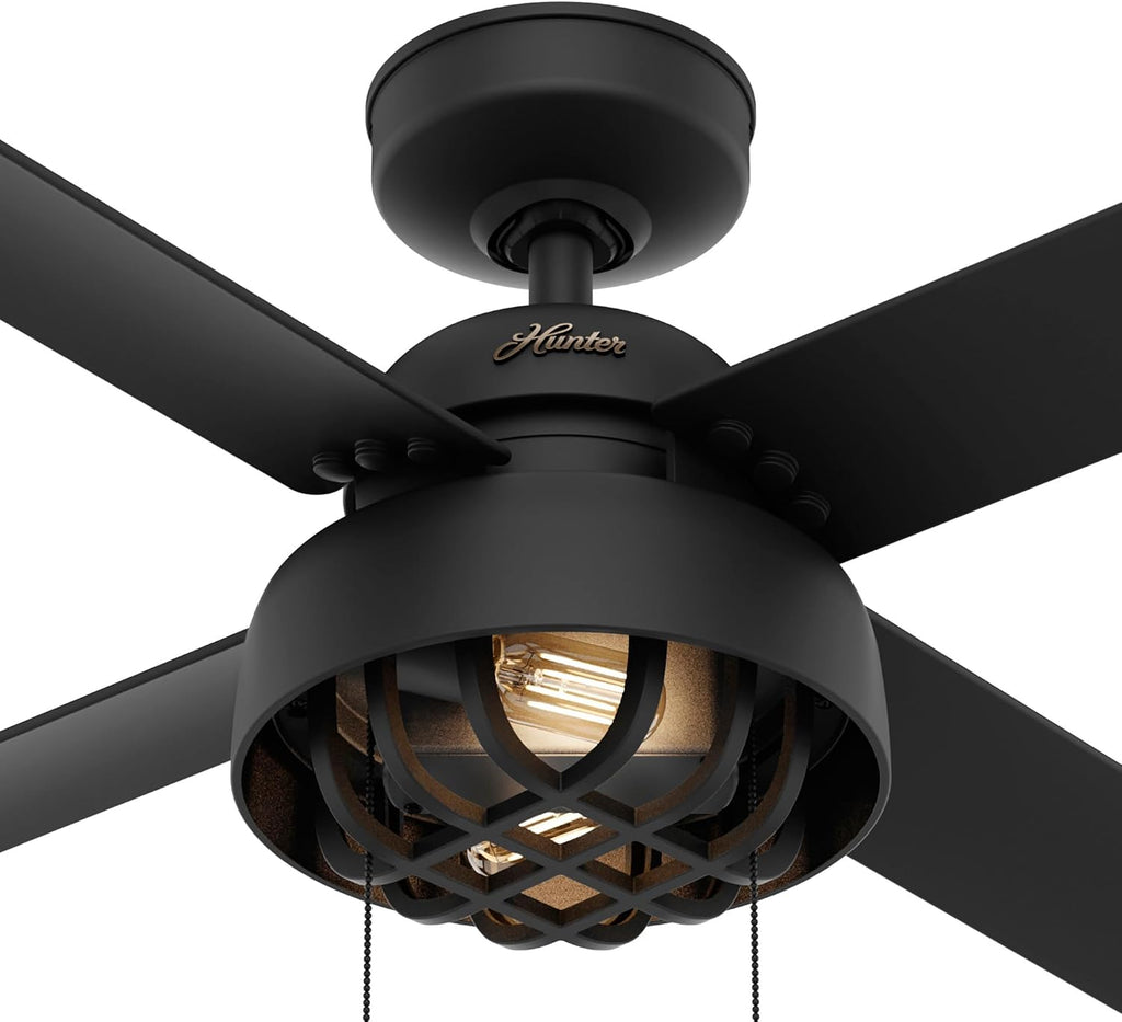 Hunter 52 inch Outdoor or Indoor Ceiling Fan with LED Light and Pull Chain - Black Ceiling Fan, Standard Mount, 4 Blades, For Patio, Porch, Garage, or Living Room - Spring Mill 50336, Matte Black