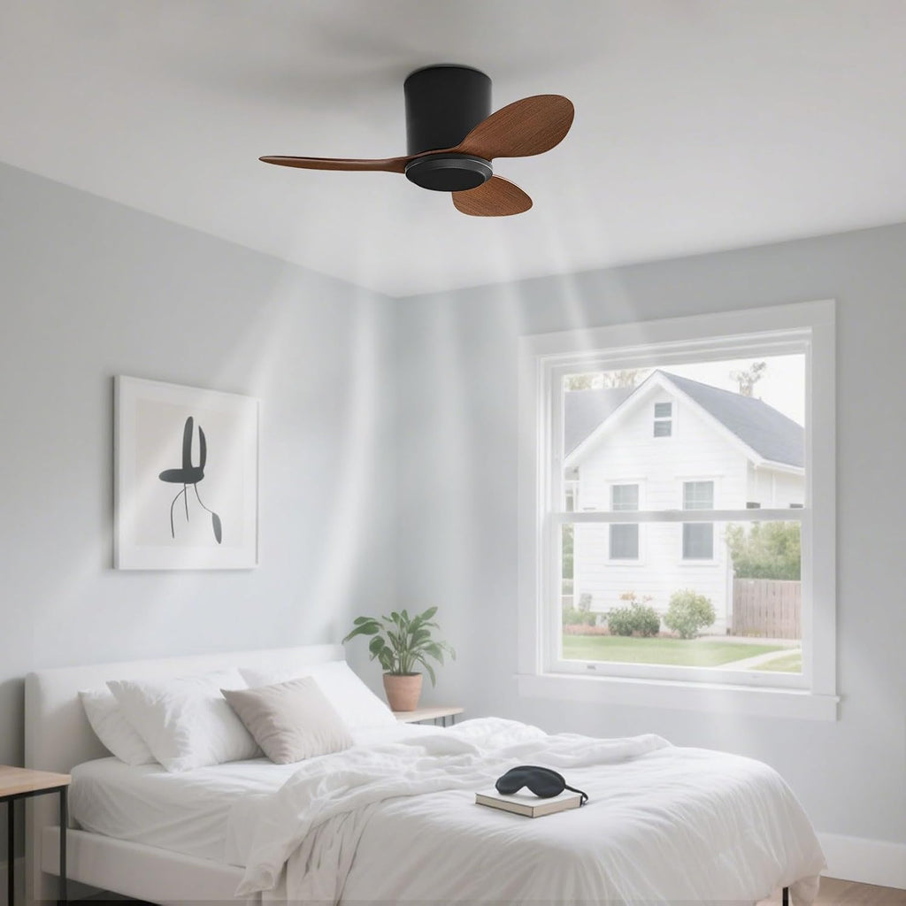 Flush Mount Ceiling Fan No Light Modern Small Ceiling Fans Remote Control 6 Speeds 25 Inch Ceiling Fan Without Lights Quiet DC Motor, 3 Blades For Restaurant Bedroom Patio Indoor