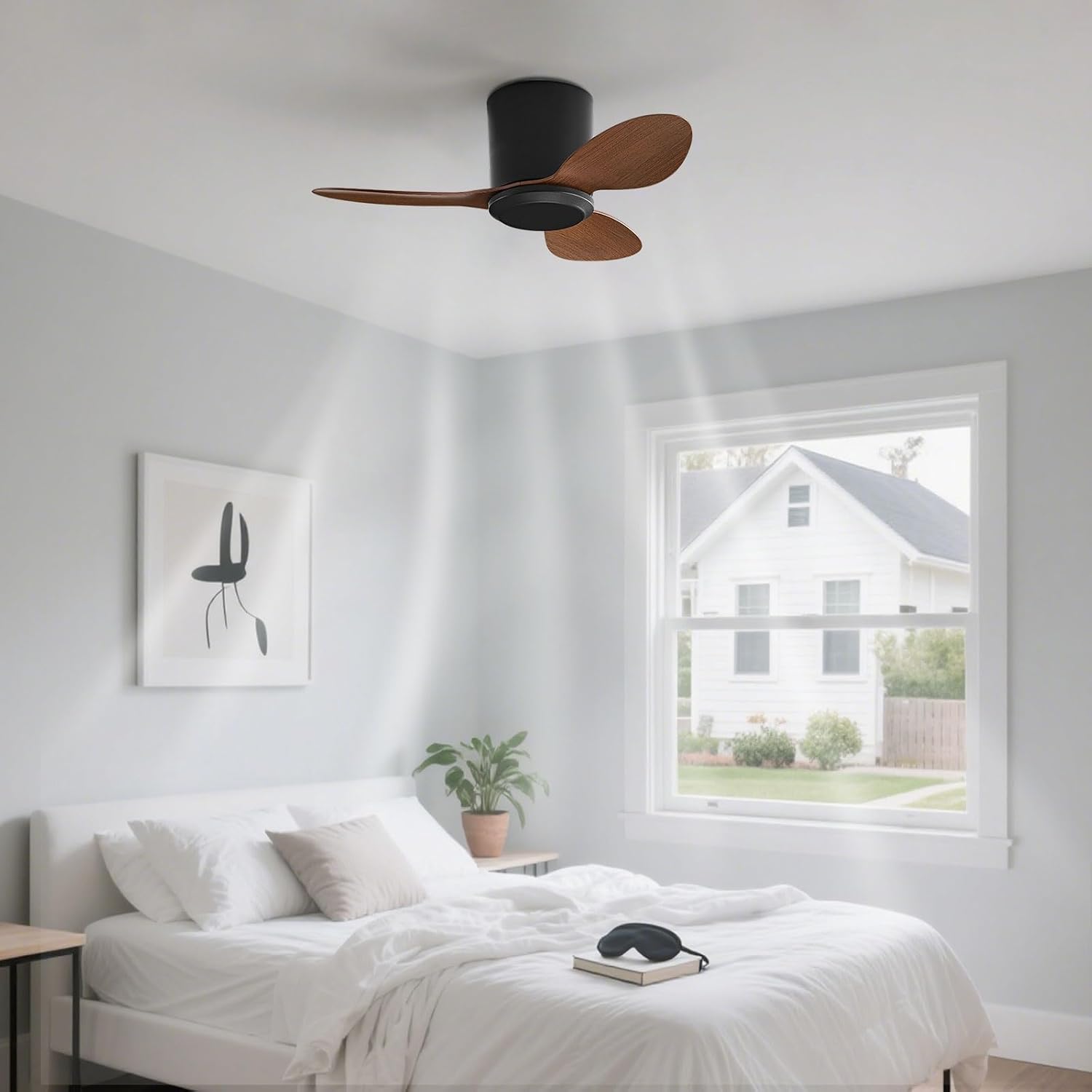 Flush Mount Ceiling Fan No Light Modern Small Ceiling Fans Remote Control 6 Speeds 25 Inch Ceiling Fan Without Lights Quiet DC Motor, 3 Blades For Restaurant Bedroom Patio Indoor