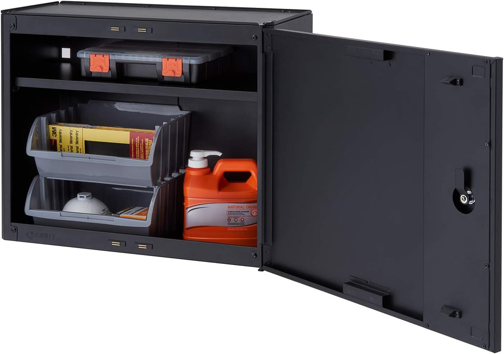 Trinity 24 Inch Garage Wall Storage Cabinet, 22 Gauge Steel, Wall-Mount, Adjustable Shelf and Reversible Door for Tools, Cleaning Supplies, and More, Black