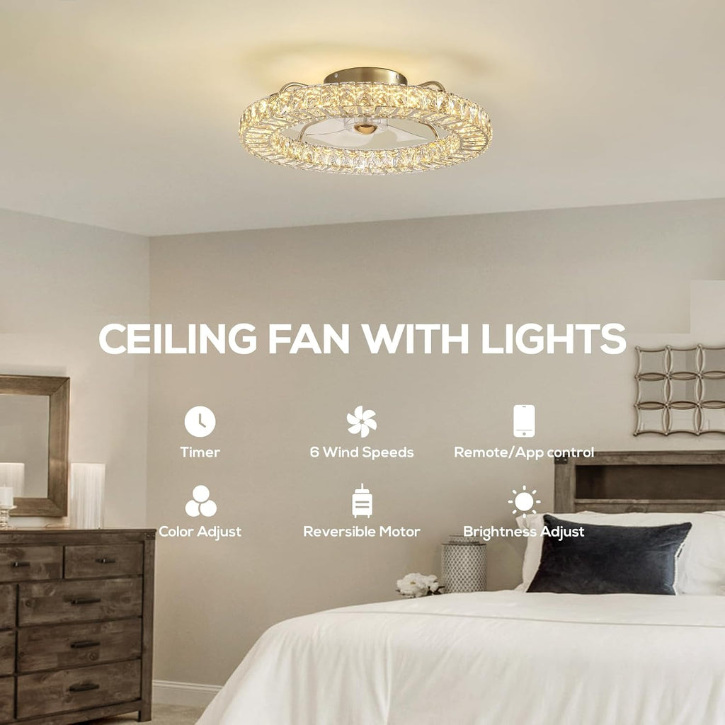 22' Low Profile Flush Mount Ceiling Fan, Ceiling Fan with Light and Remote, Dimmable Fandelier with Crystal Lampshade, Bladeless Enclosed Fan Light-Gold