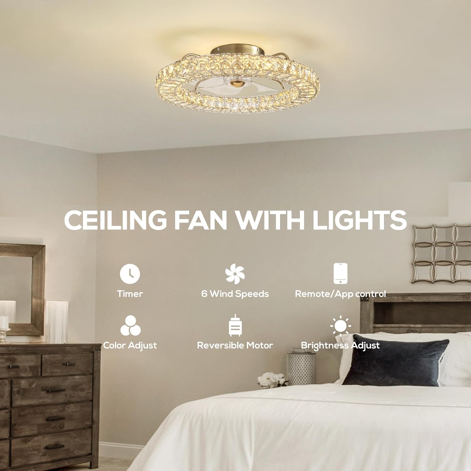 22' Low Profile Flush Mount Ceiling Fan, Ceiling Fan with Light and Remote, Dimmable Fandelier with Crystal Lampshade, Bladeless Enclosed Fan Light-Gold