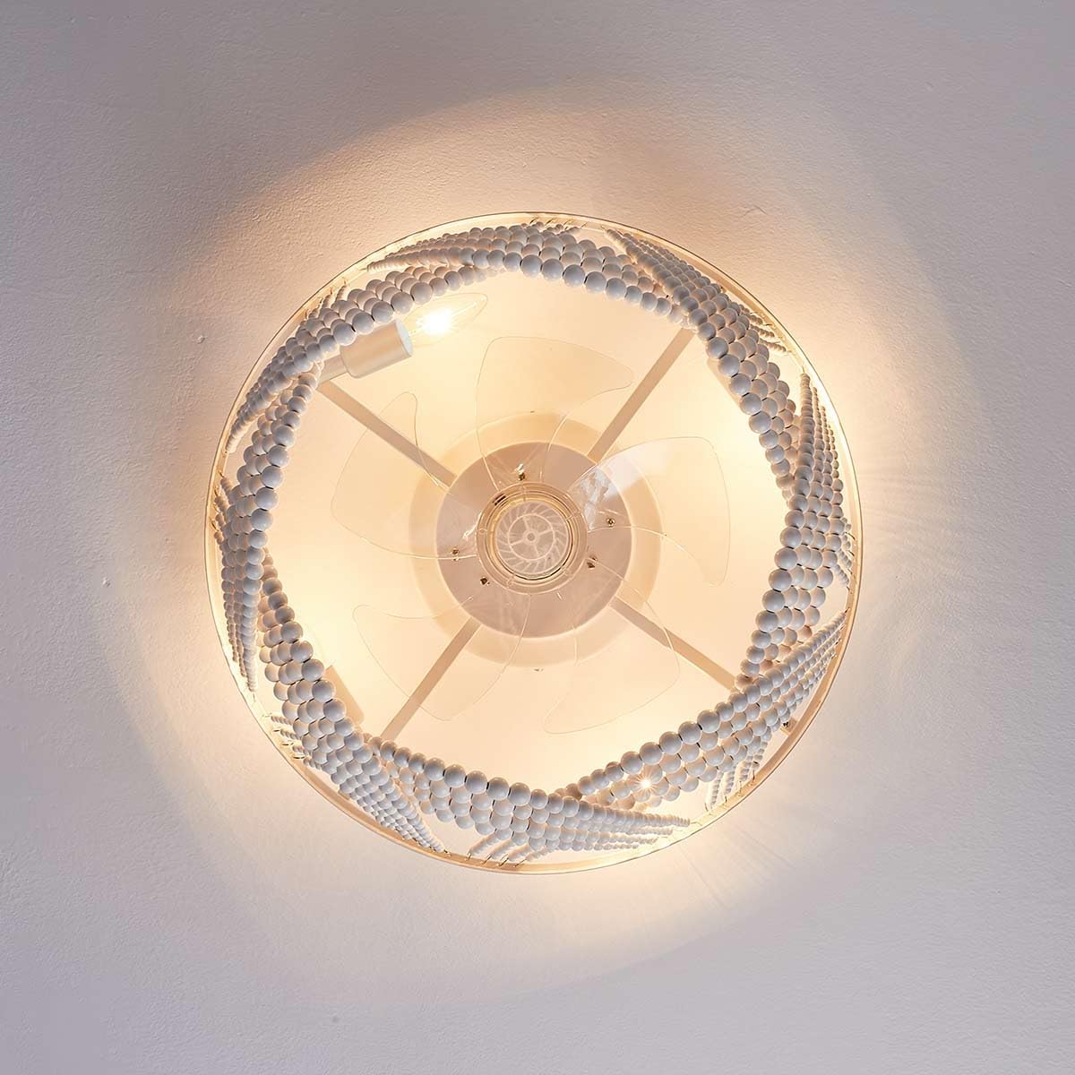 Boho Ceiling Fan with Lights Flush Mount,20 Inch Bohemia White Wood Bead Close to Ceiling Fan Light, 4 Lights Low Profile Enclosed Ceiling Fans with Remote Control for Bedroom Living Room Kitchen