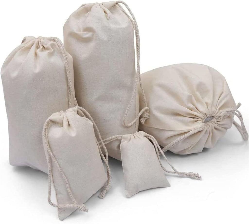 100Pcs 12 x 16 Inches Premium Cotton Muslin Double Drawstring Bags, Reusable Bag Natural Cotton Bags with Drawstring Produce Bags Bulk Gift Bag Jewelry Pouch for Party Wedding Home Storage