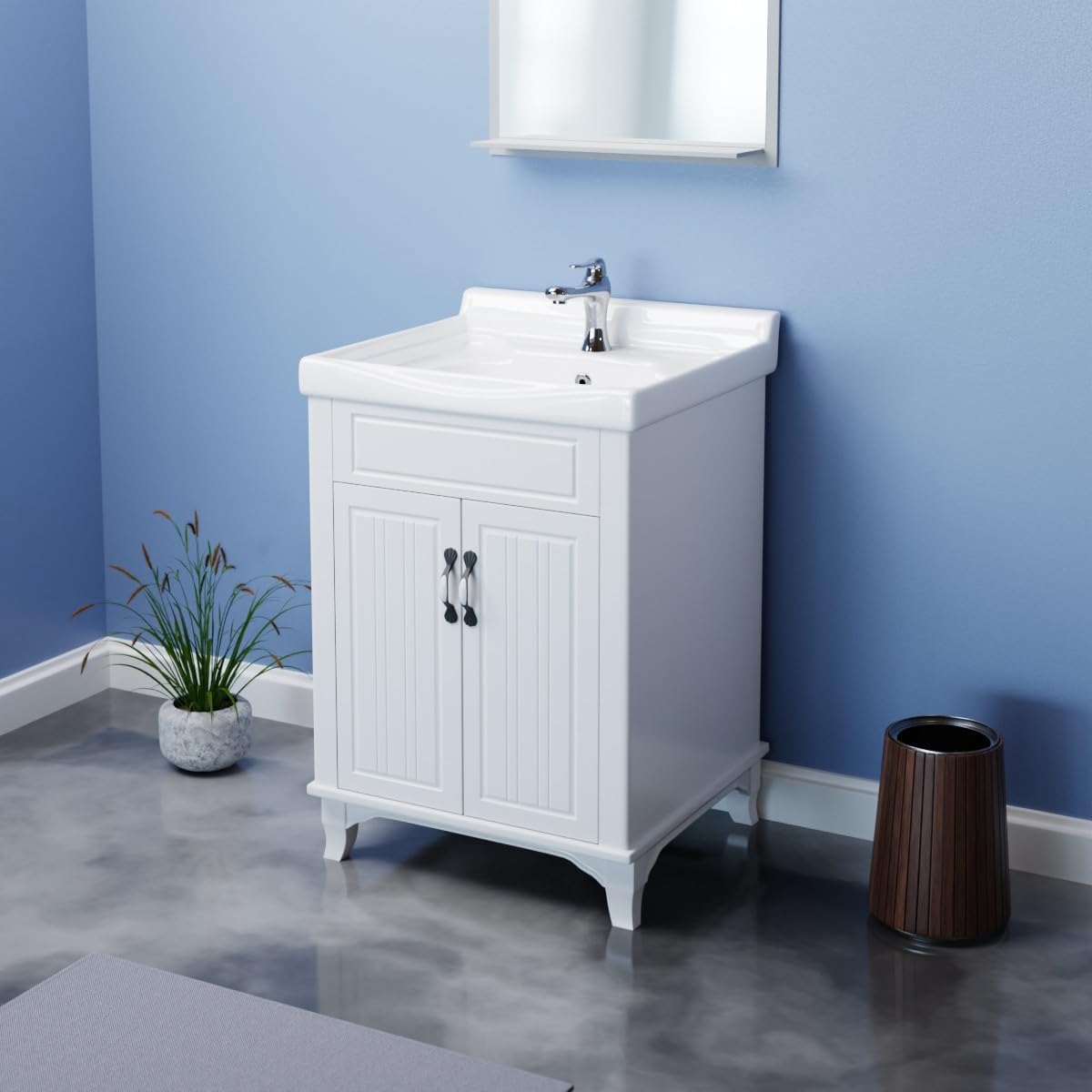 Renovators Supply Manufacturing Adeline White Wooden Cabinet Vanity Sink 24.25' W Large Free Standing Bathroom Sink Combo with Cabinet, Basin Sink, Overflow, Drain, Backsplash and Hardware