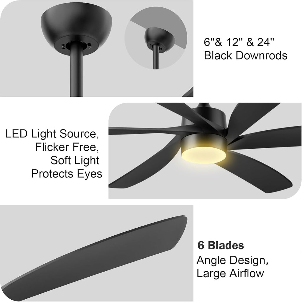64 Inch Outdoor Ceiling Fan with Lights, All Weather Wet Rated, Modern Black Ceiling Fan, High CFM Quiet Energy Efficient DC Motor, for Large Indoor Living Room & Covered Patio Gazebo Porch