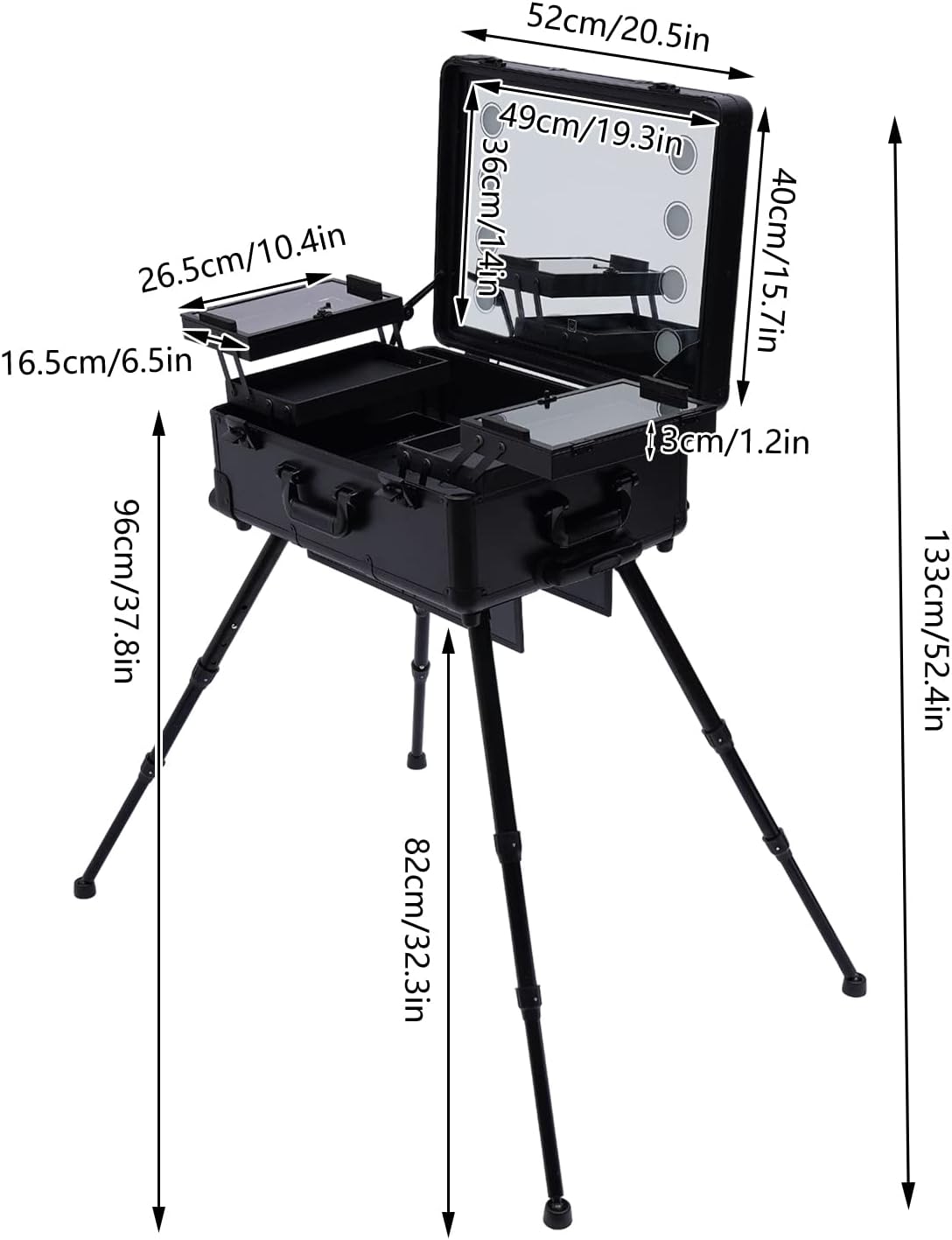 Aluminum Trolley Makeup Train Case with LED Light & Mirror,Professional Cosmetic Travel Box with Retractable Legs, Rolling Lighted Makeup Vanity Station for Travel (Black)