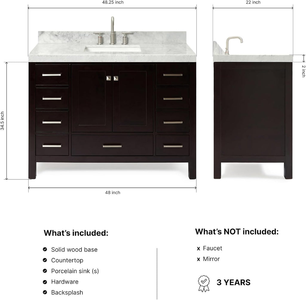 ARIEL Cambridge 48-inch Bathroom Vanity with Sink,Solid Wood, 2-inch Italian Carrara Marble Countertop, Single Rectangular Porcelain Sink, 2 Soft Closing Doors, 9 Dovetail Drawers, Espresso
