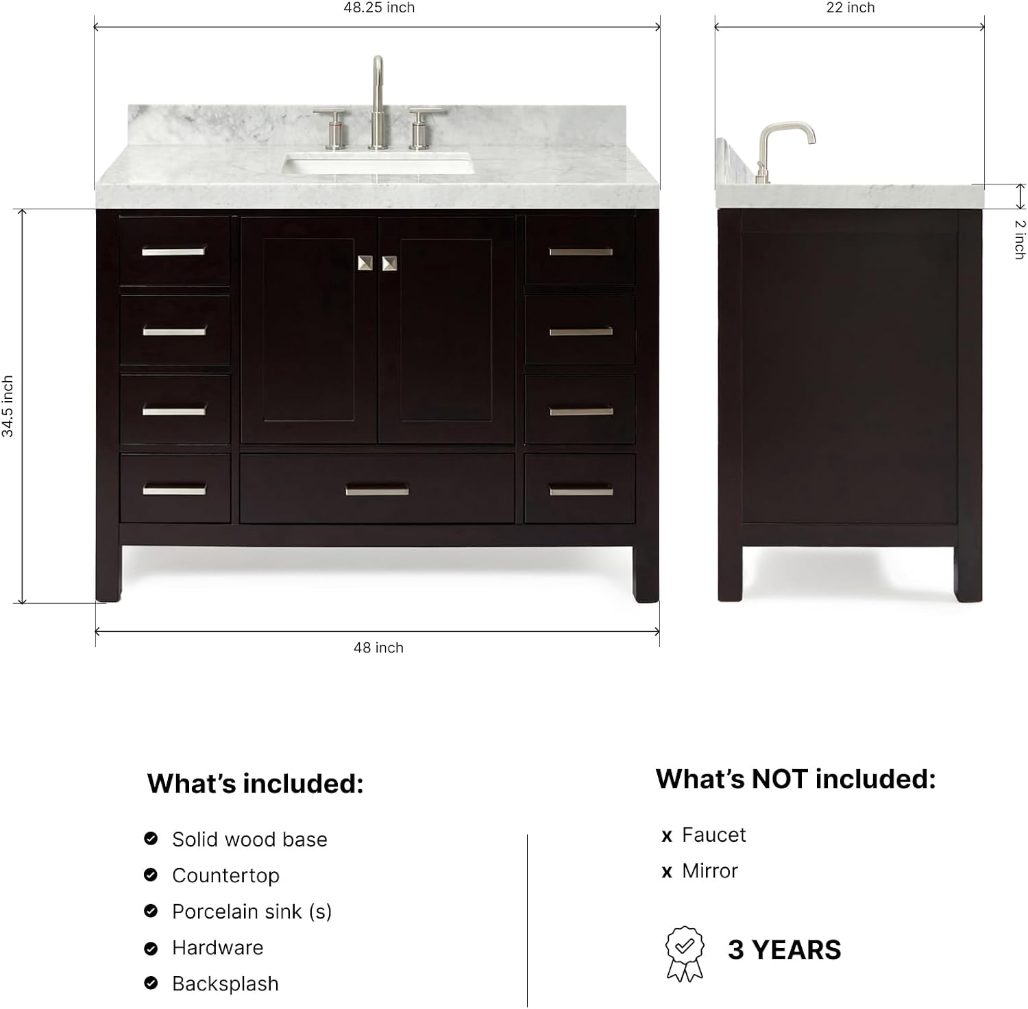 ARIEL Cambridge 48-inch Bathroom Vanity with Sink,Solid Wood, 2-inch Italian Carrara Marble Countertop, Single Rectangular Porcelain Sink, 2 Soft Closing Doors, 9 Dovetail Drawers, Espresso