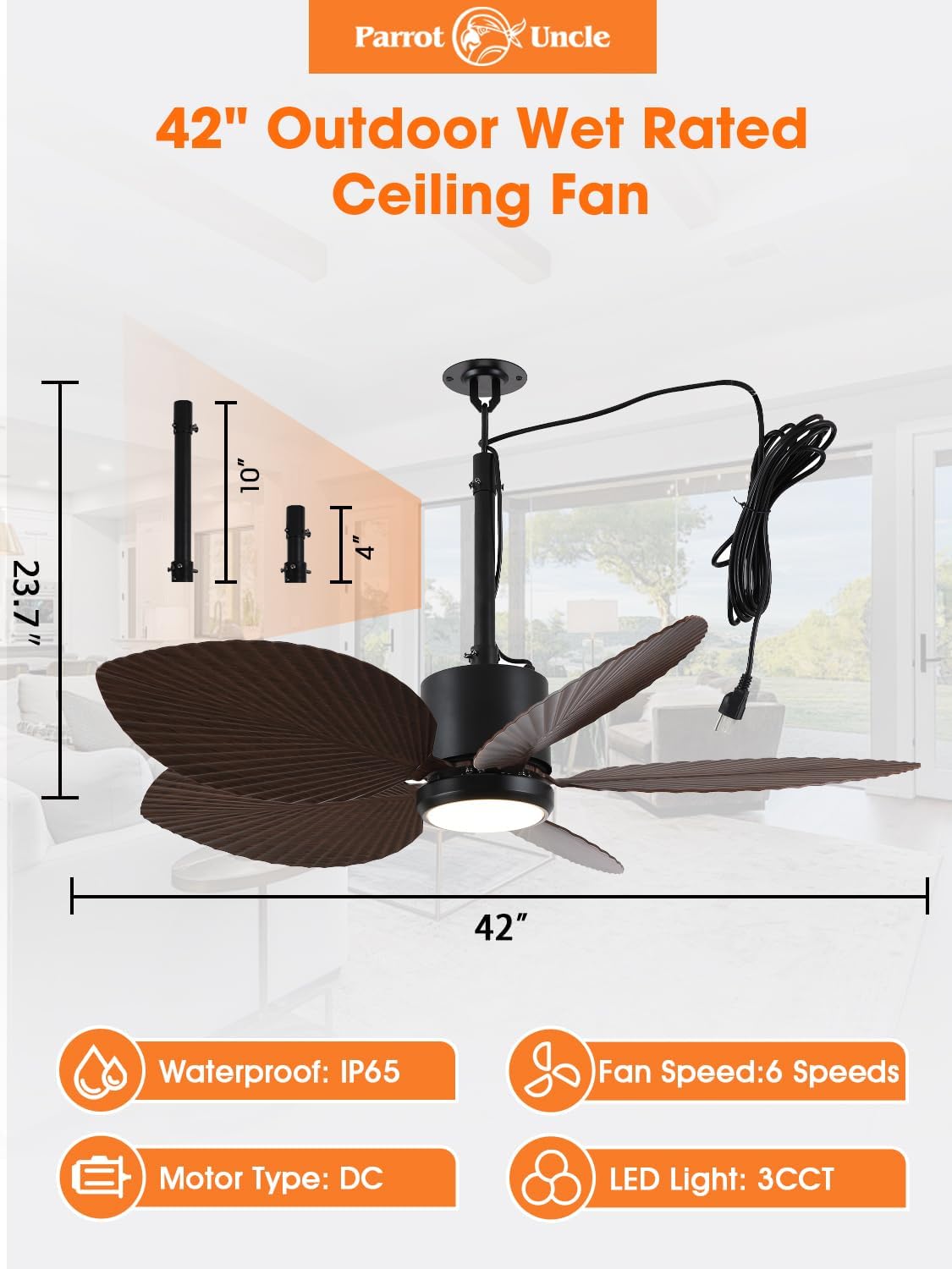 Parrot Uncle 42 Inch Outdoor Palm Leaf Ceiling Fan,IP66 Outdoor Waterproof Ceiling Fan with Light,3CCT 6-Speed Quite DC Motor, Wet Rated Plug in Fans for Patios Porch Pergola (Brown & Black)