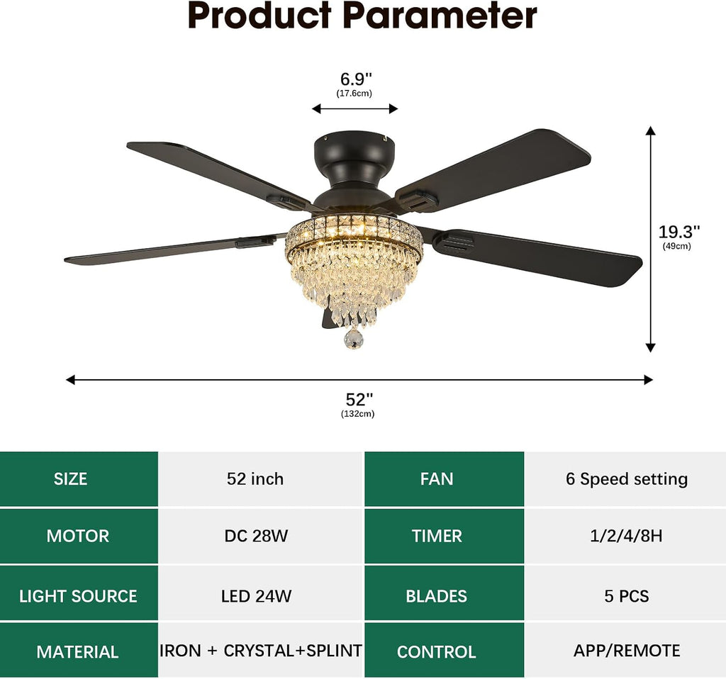52' Crystal Ceiling Fans with RGB Lights, Remote/App Control, Modern Fandelier Flush Mount, Reversible DC Motor, Dimmable, Noiseless Ceiling Fan for Bedroom, Living Room (Black)