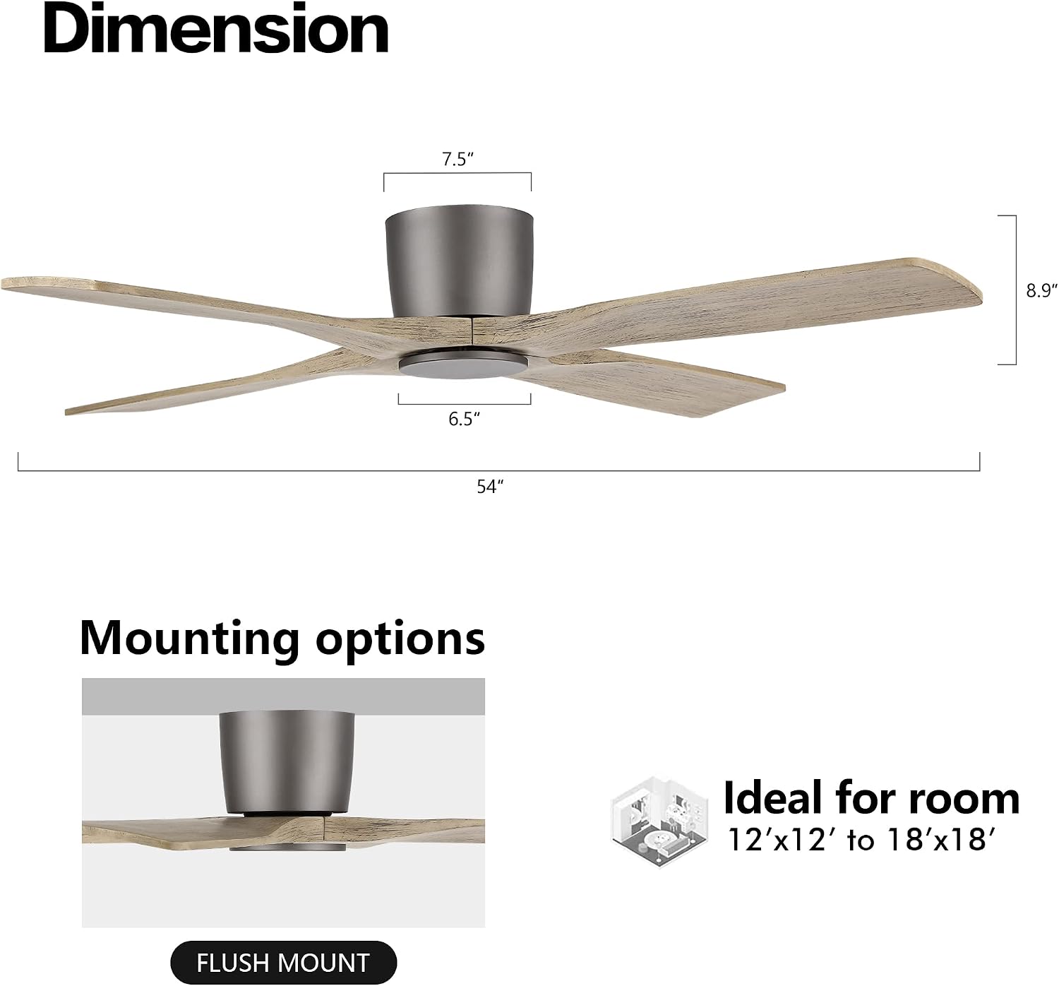 WINGBO 54 Inch Flush Mount DC Ceiling Fan without Lights, 4 Reversible Carved Wood Blades, 6-Speed Noiseless DC Motor, Hugger Ceiling Fan No Lights in Graphite Finish with Gray Blades, ETL Listed