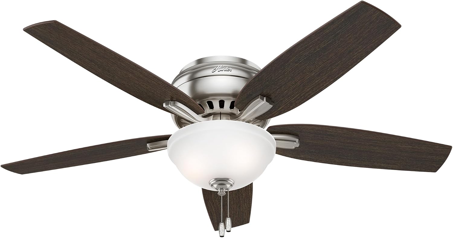 Hunter 52 inch Indoor Ceiling Fan with LED Light - Ceiling Fan with Pull Chain, For Bedroom or Living Room, Low Profile Flush Mount, No Remote, 5 Blades, Includes Bulbs- Newsome 53315, Brushed Nickel